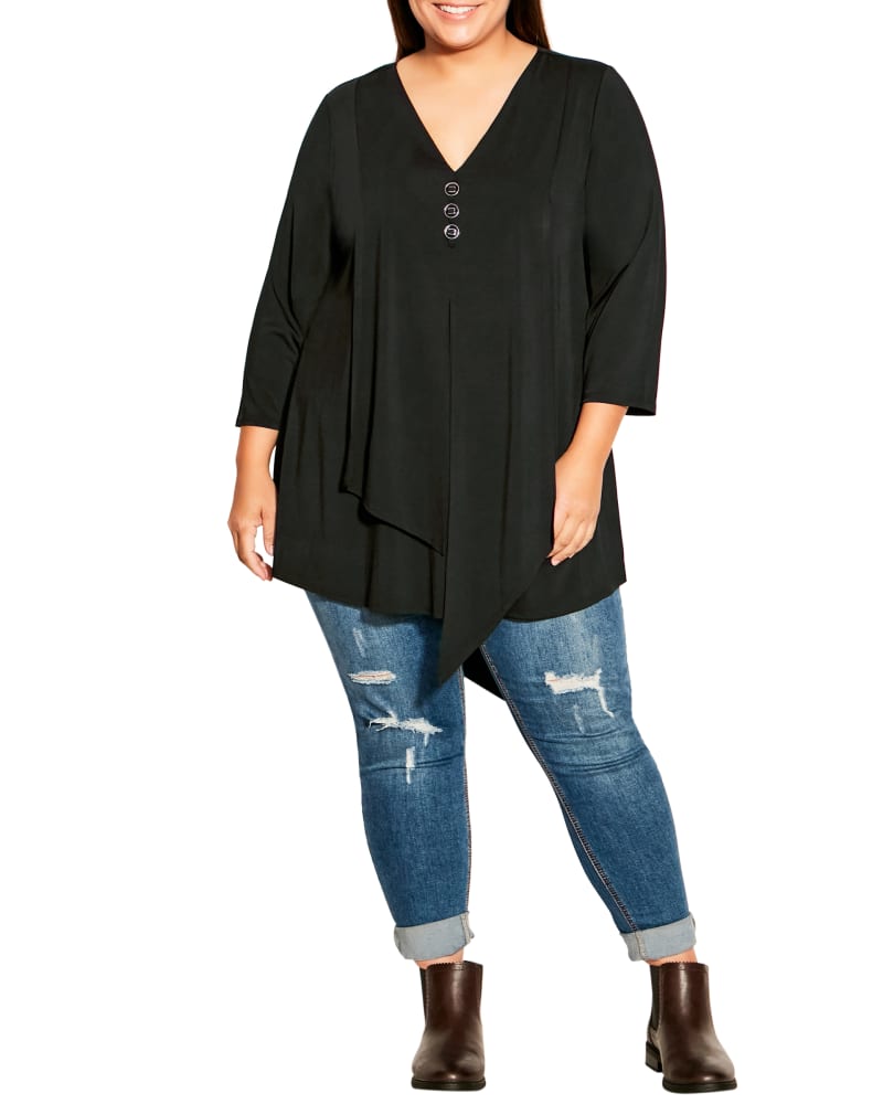 Front of a model wearing a size 14 Rochelle Tunic in Black by avenue. | dia_product_style_image_id:234492
